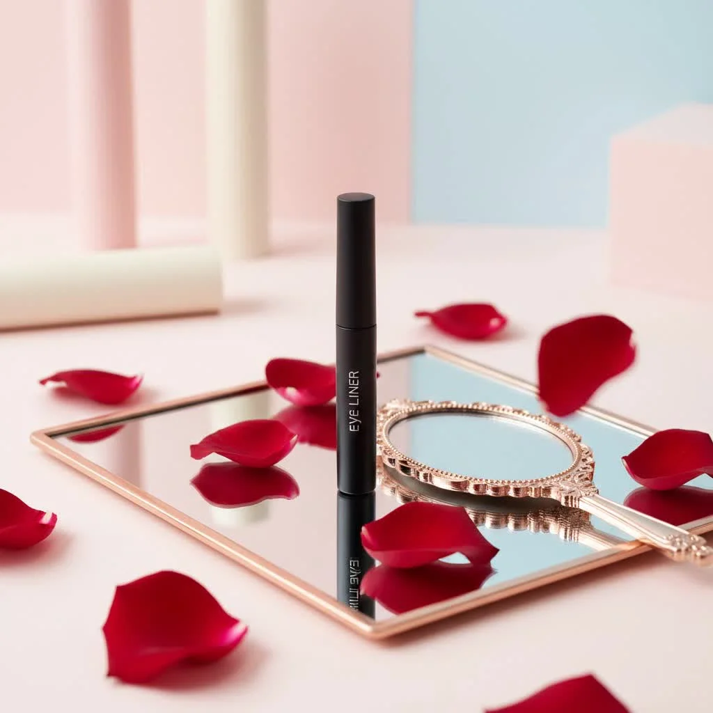 Close-up of a woman applying black pencil eyeliner to her upper lash line